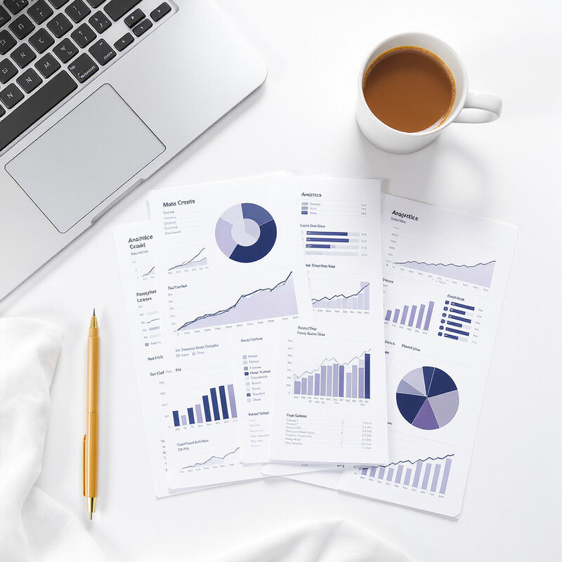Marketing data charts laying next to a laptop.