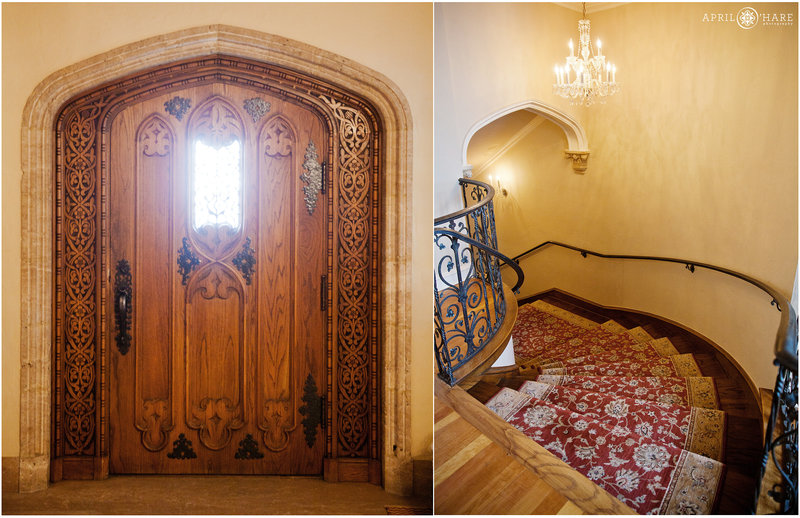 Detail of the carved front door of Highlands Ranch Mansion and the curved stairway at Highlands Ranch Mansion