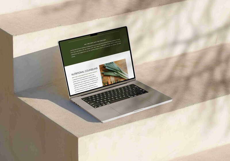 A laptop on a stone ledge displaying a green screen, symbolizing nutrition counseling in Connecticut.