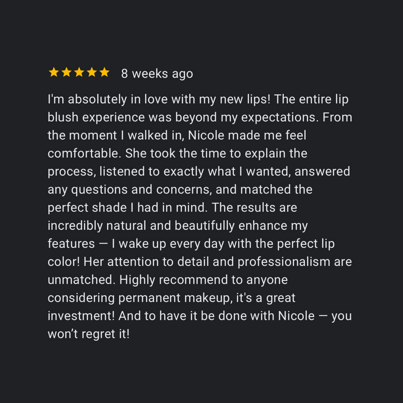 Screenshot of 5-star lip blush review mentioning confidence-boosting results