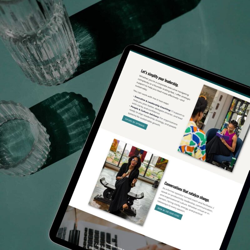 Device mockup showing Akua Nyame‑Mensah’s website on apple iPad, custom website design by Rachelle Deem for leadership coach