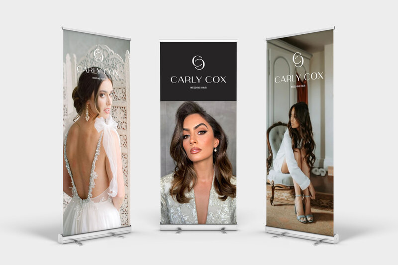 Branded banner mockups for Carly Cox Wedding Hair, designed for luxury wedding fairs