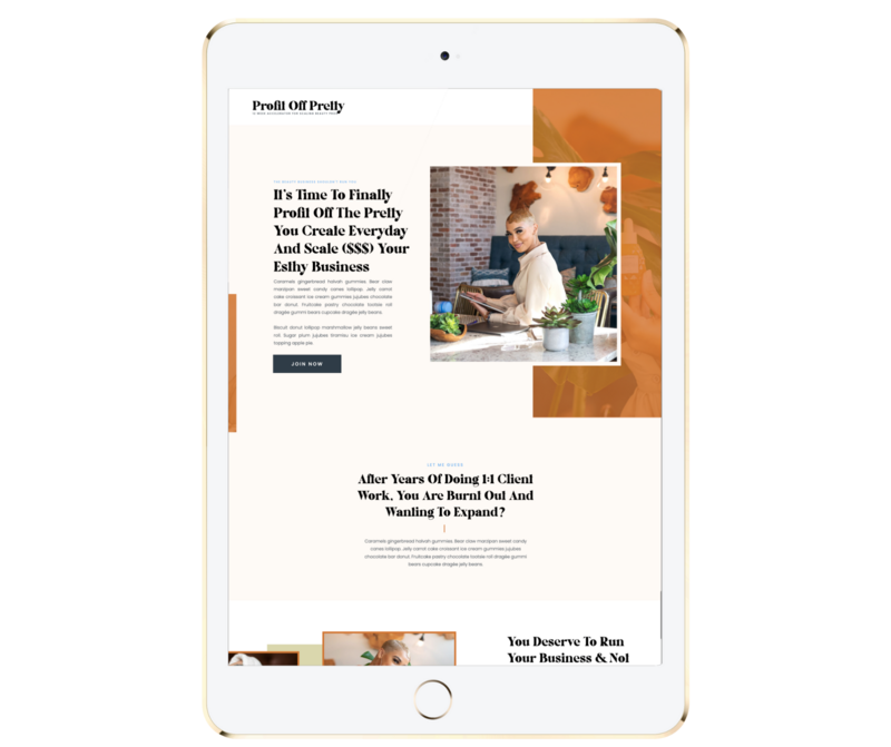 orange and beige showit website template being displayed on a white ipad