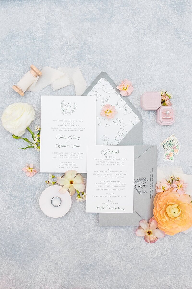 Sky blue and blush wedding invitation suite at Monserate Winery in Temecula, California.