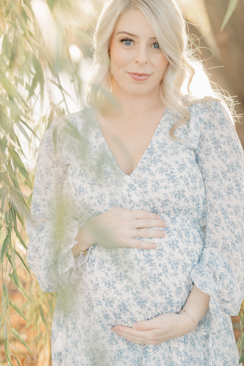 mother dressed in a blue floral gown looks at camera through willow tree leaves and holds baby bump, Indianapolis maternity photographer