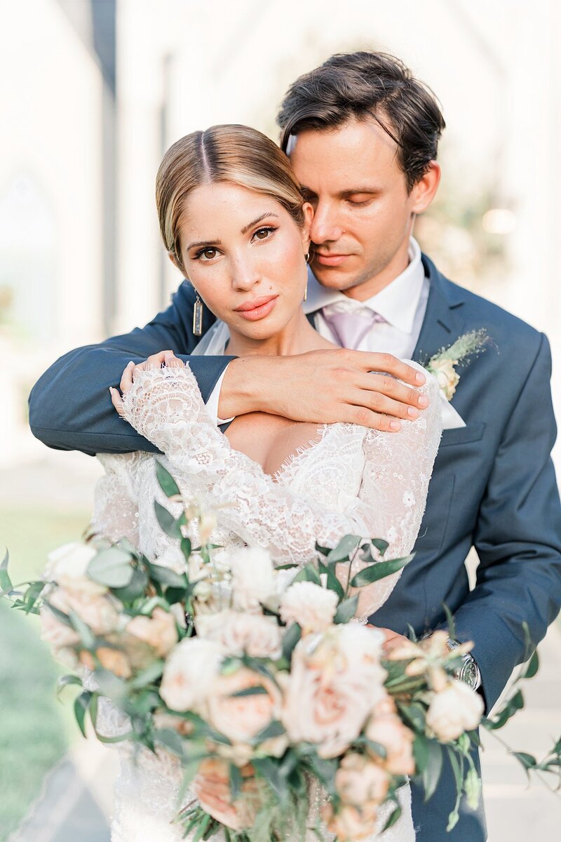 Bride and groom walk up memorial steps at their DC wedding