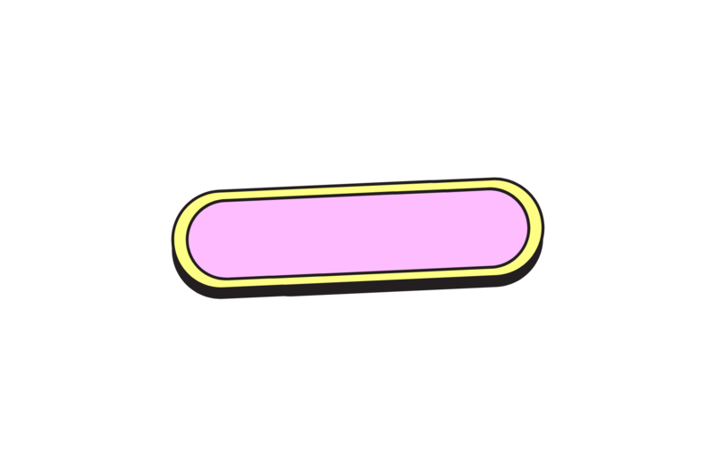 Pink, retro shape call to action button with yellow border.