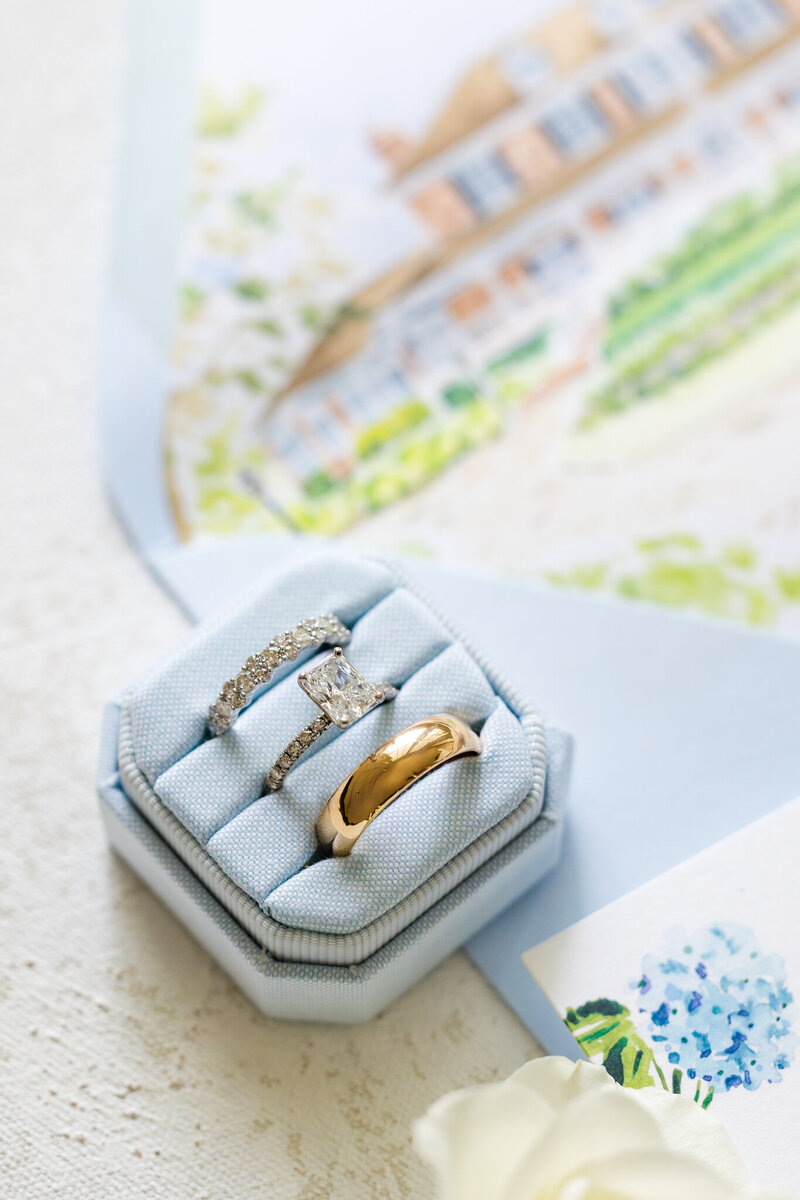 wedding bands in a blue ring box sitting on top of stationery
