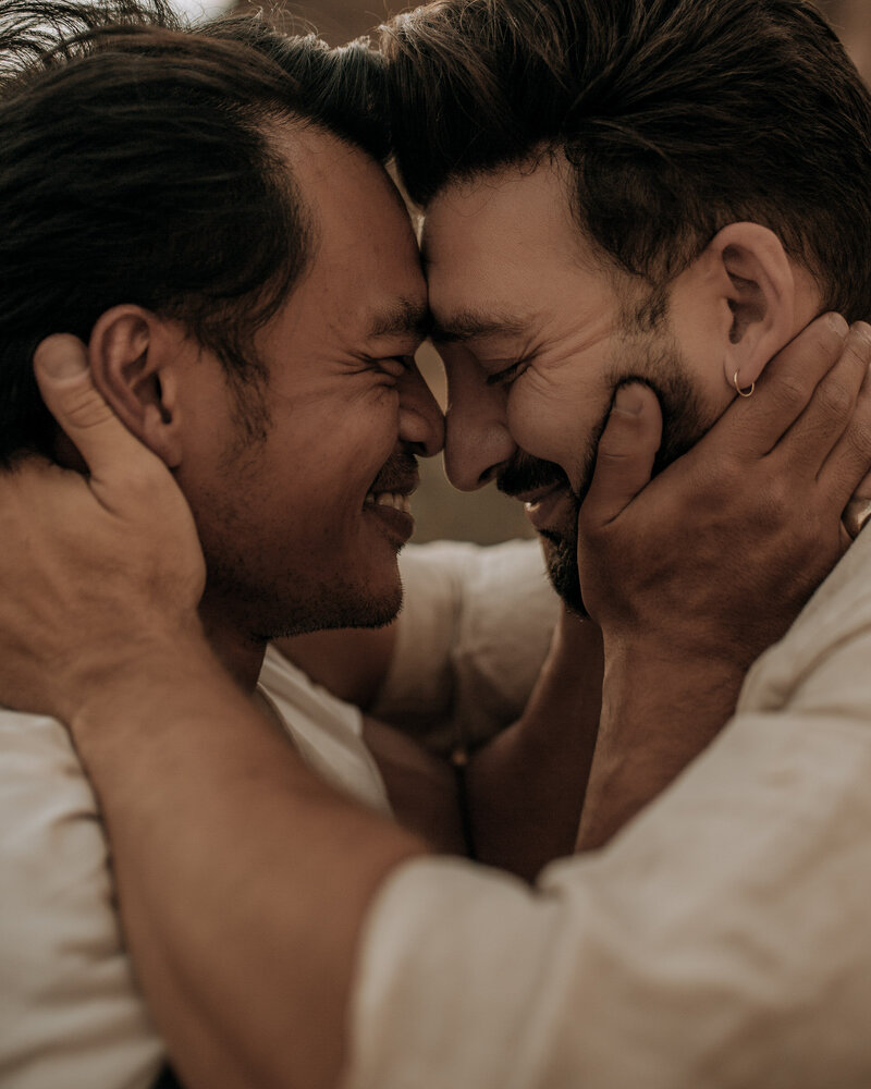 gay couple embracing for anniversary photos in phoenix arizona