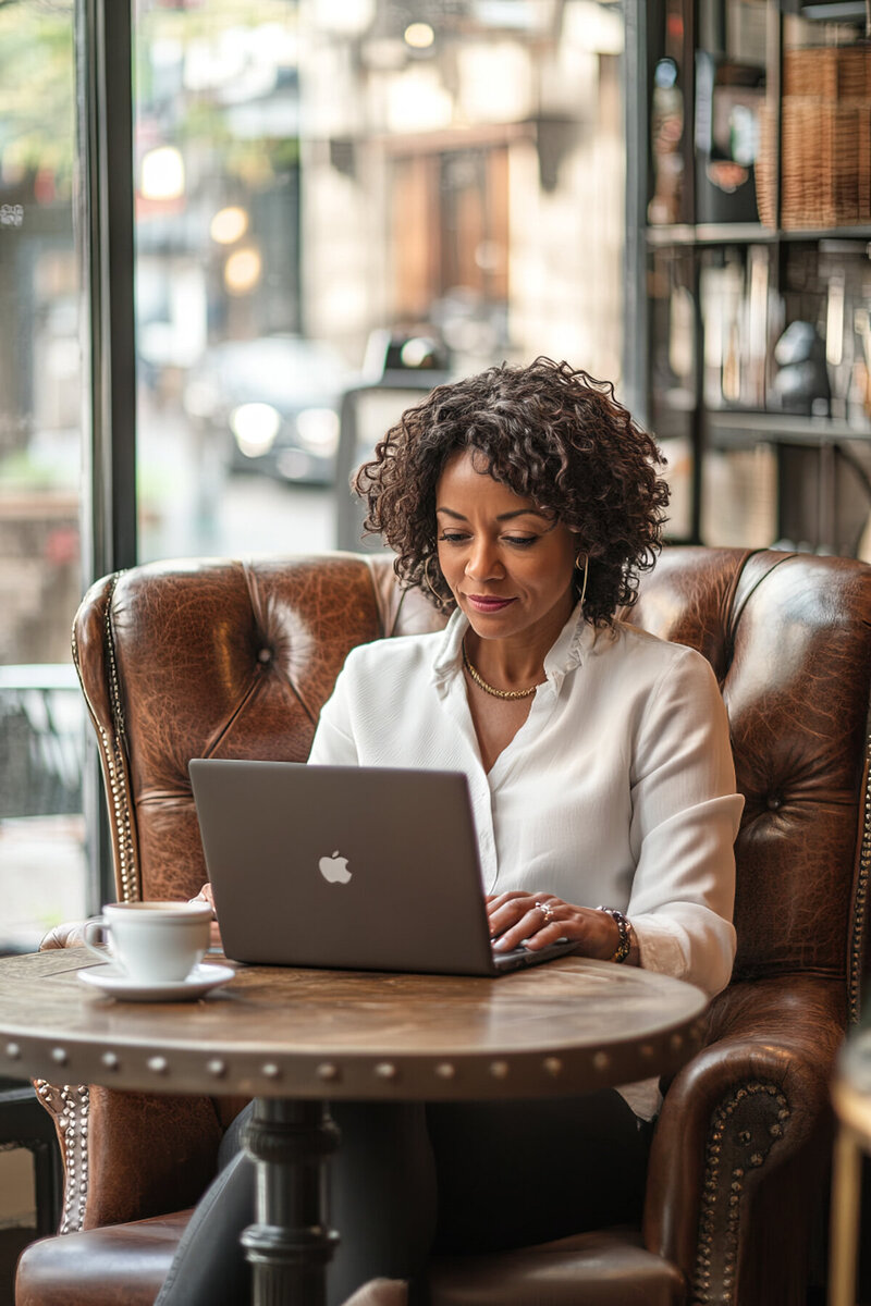 A business portrait of a black woman sitting in a coffee shop working on her Apple laptop.