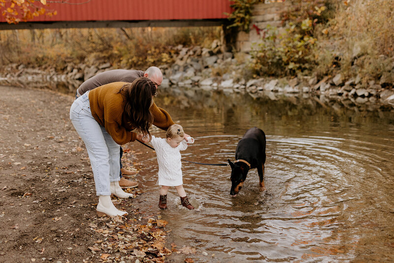 A family of 3 and their dog dip their toes in a stream.