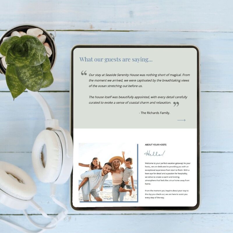 ipad mockup of Seaside Serenity homepage showing quote from guest and about your hosts section