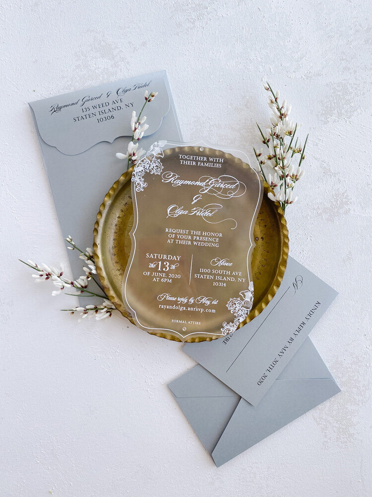 Acrylic whitet and silver wedding invitation