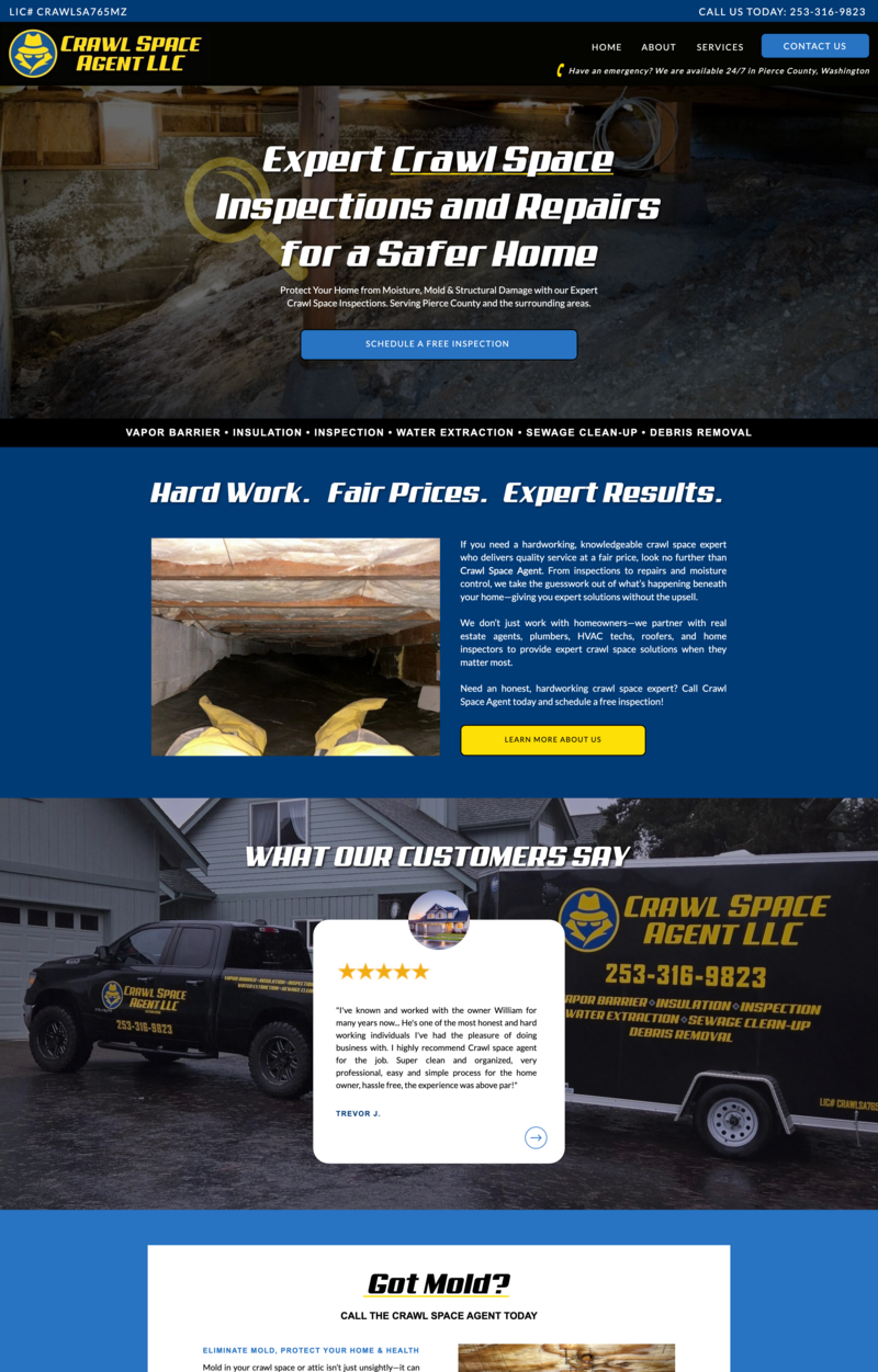 Featured website design project for Crawl Space Agent in Tacoma, Washington created by AQ Design Studio