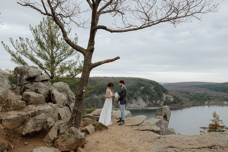 Bride and groom saying vows while eloping in Wisconsin on a rocky overlook