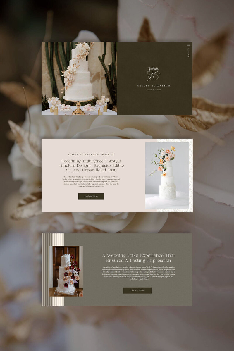 Trio of website screen mockups for Hayley Elizabeth Cake Design placed over a signature wedding cake