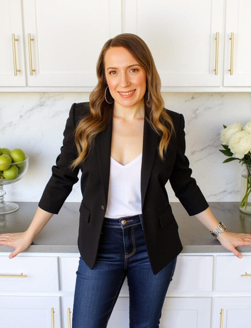 Stacey Xanthe from Xanthe Bookkeeping smiling in a modern kitchen, wearing a white blouse, black blazer, and navy jeans, leaning against the countertop.
