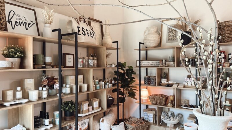 interior shot of The Still Refinery mercantile with stocked shelves full of skincare, pillows, candles and a pretty tree in the corner next to a warm lamp
