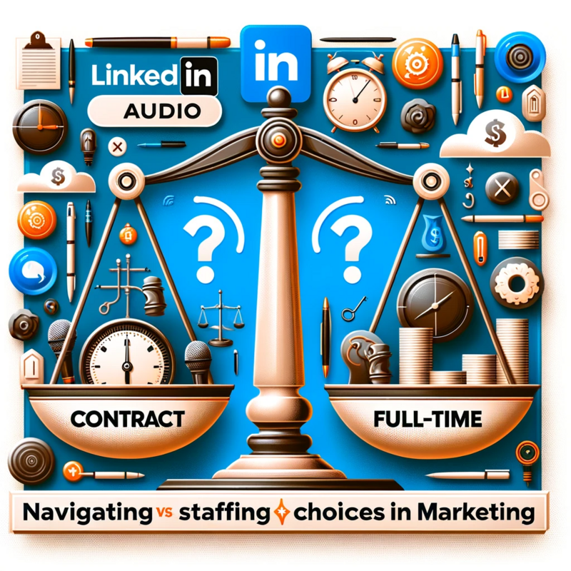 DALL·E 2024-01-13 00.03.50 - Create a graphic for a LinkedIn audio event titled 'Contract vs. Full-Time_ Navigating Staffing Choices in Marketing', targeting marketing agencies. T