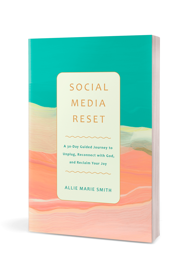 social media reset, by Allie Marie Smith, book cover with teal and coral abstract design: A 30-day guided journey to unplug, reconnect with God and reclaim your joy.