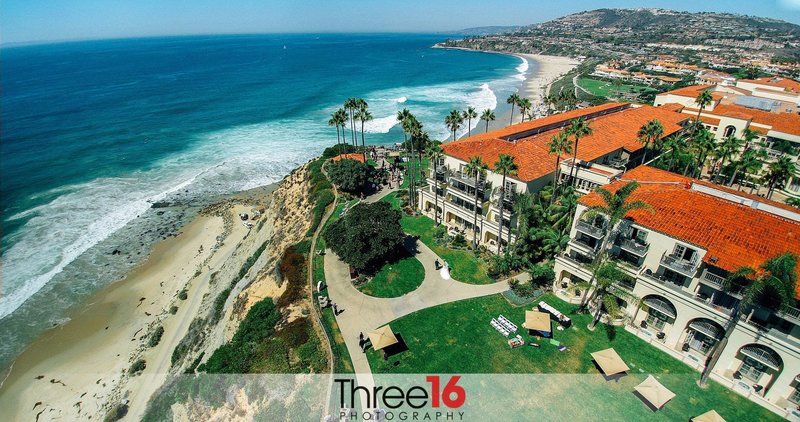 Aerial photo of the Ritz Carlton Laguna Niguel wedding venue as the Bride is being escorted towards the aisle