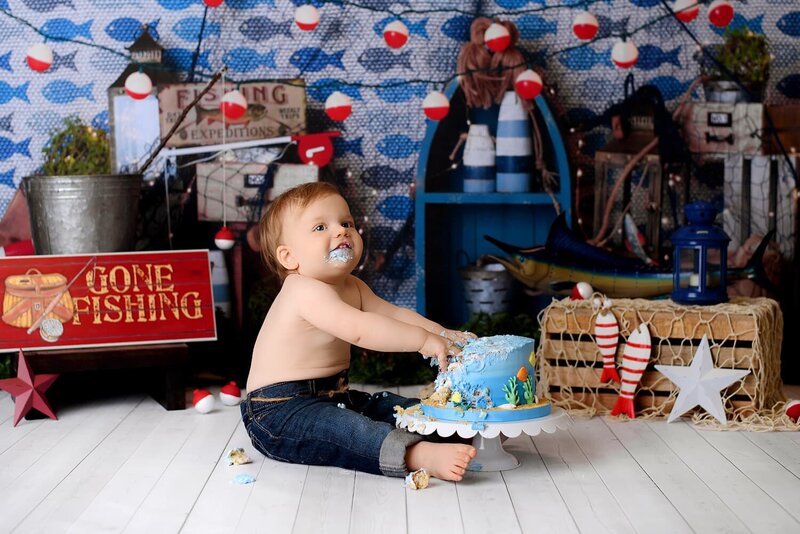 1 year old boy fishing theme cake smash by Vancouver Cake Smash Photographer Amber Theresa Photography.