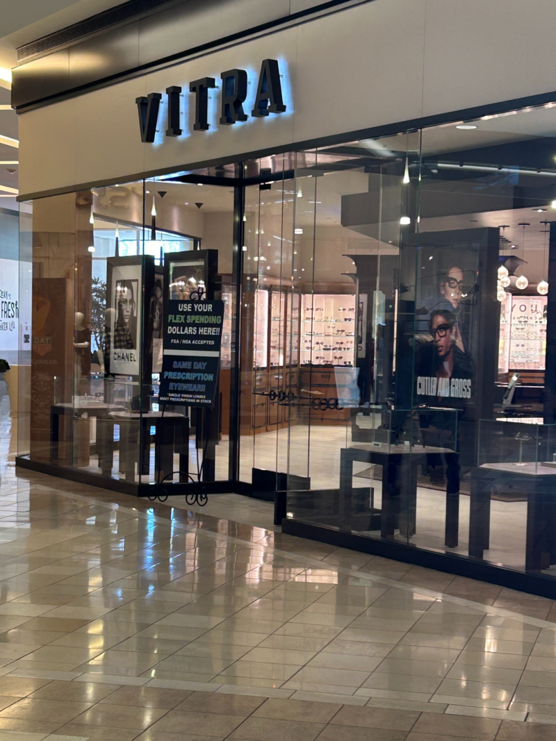 Photo of the entrance of the Vitra Eyewear storefront in South Coast Plaza mall.