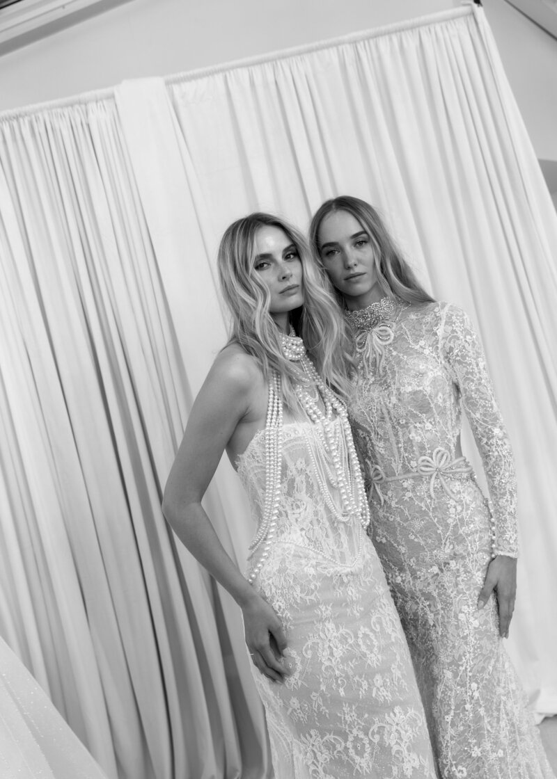 two models side by side in Netta BenShabu couture bridal gowns at New York Bridal Fashion Week 