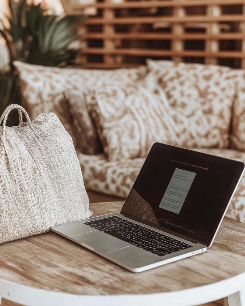 Neutral-toned home office setup with laptop and woven tote bag on round coffee table