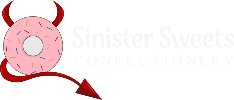 A logo titled Sinister Sweets Confectionery that contains an illustration of a pink donut with red devil horns and tail.