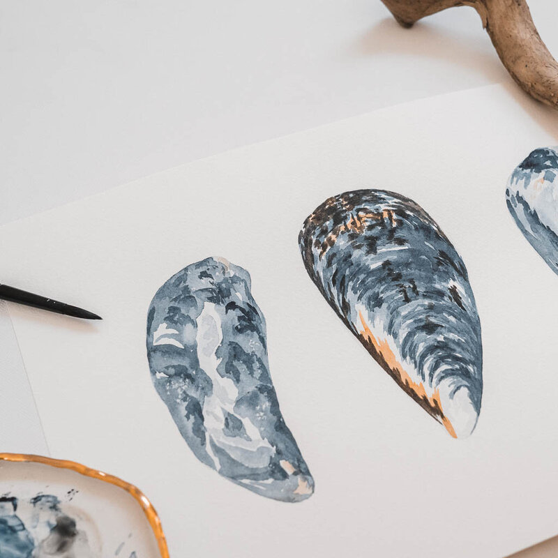 Detail of a painting of two mussel shells by artist Amy Duffy