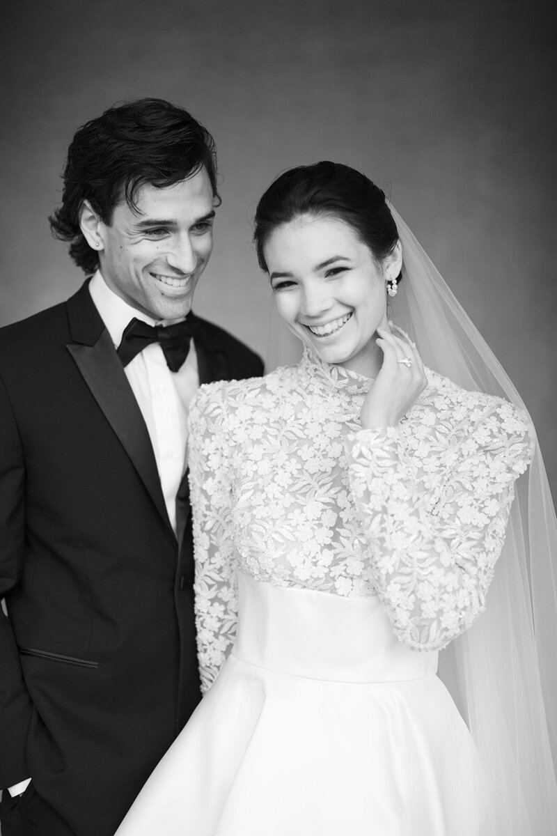 Black and white portrait of a bride and groom