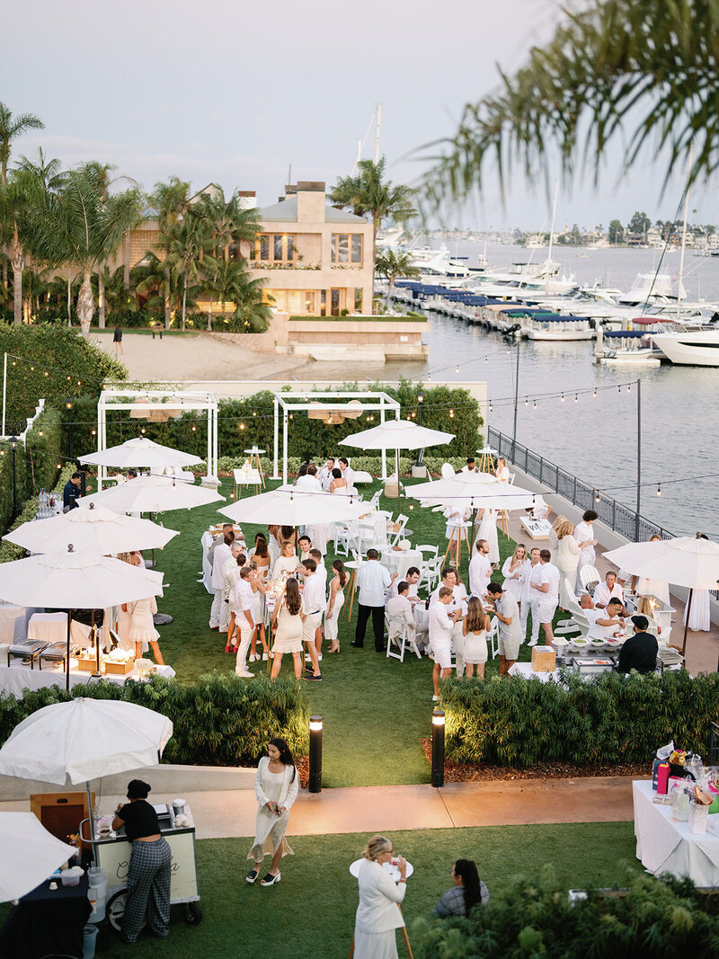 all white engagement party outdoors on a lawn