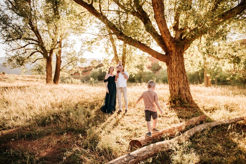 family of four under trees during sunset. Daughter on dads shoulders next to mom. Son walking across a fallen tree.