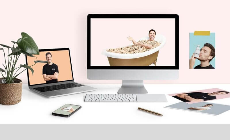 Desktop mockup showing iMac, MacBook, iPhone.  Scene is a light pink colour.
