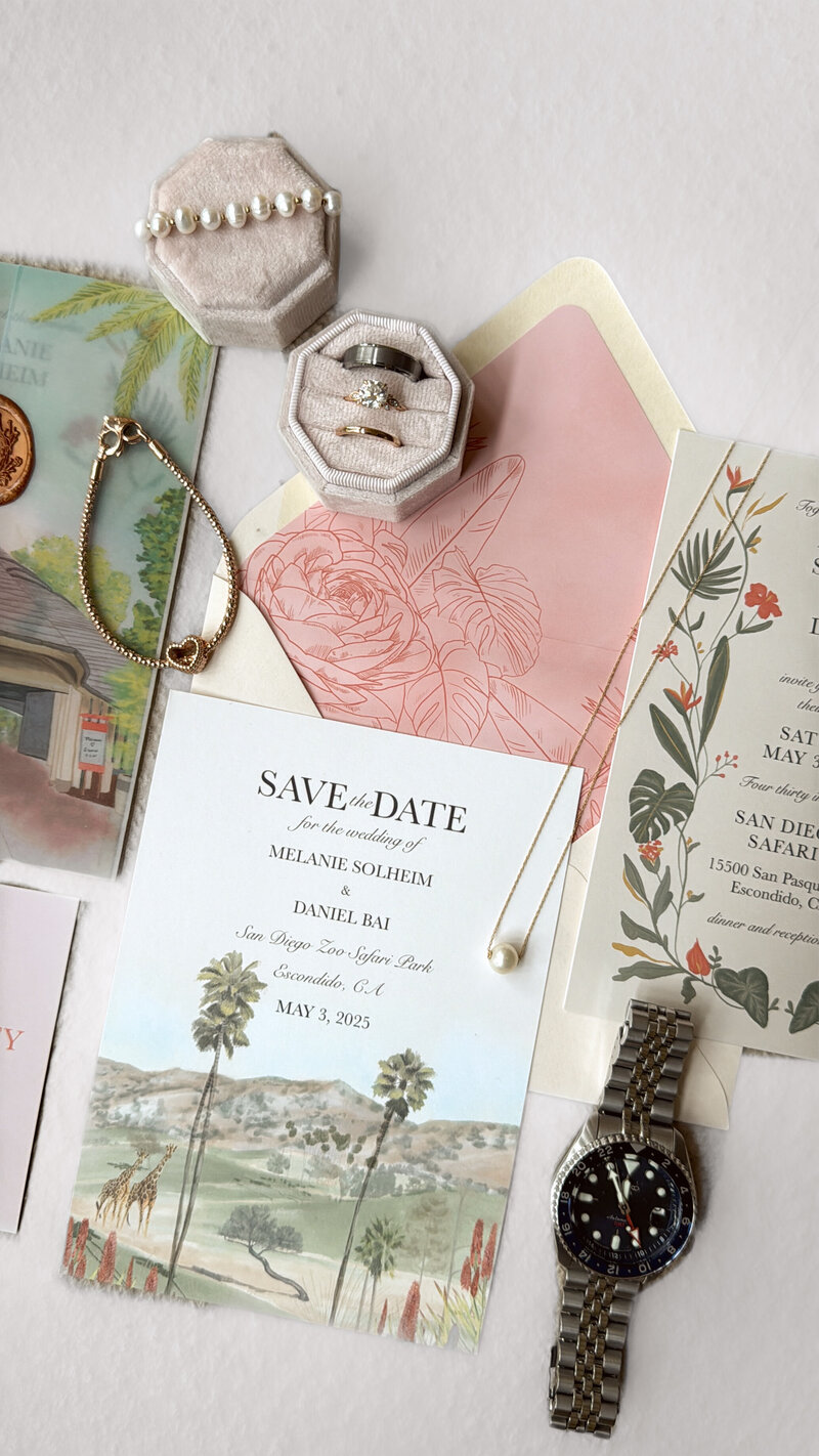 Bride and groom looking out at the giraffes at San Diego Safari Park in Escondido, California.