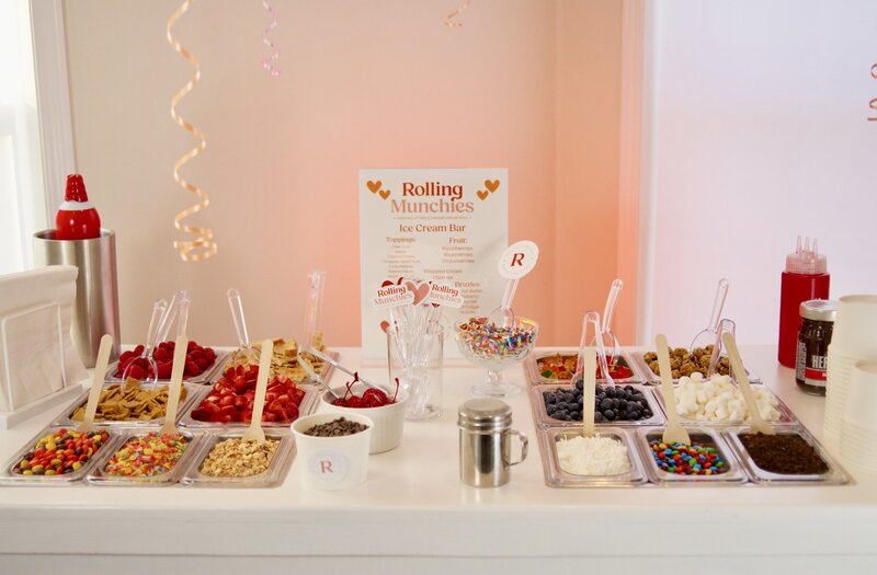 Snack cart layout with syrups and toppings for party rental in nj