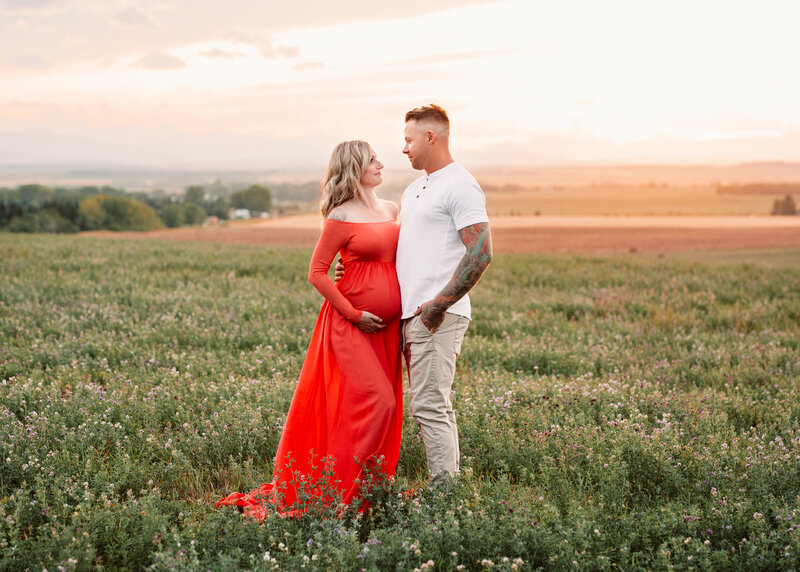 Gorgeous Sunset maternity couple in late summer field