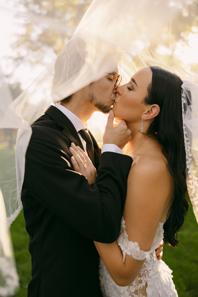A couple kissing with a veil floating above them.