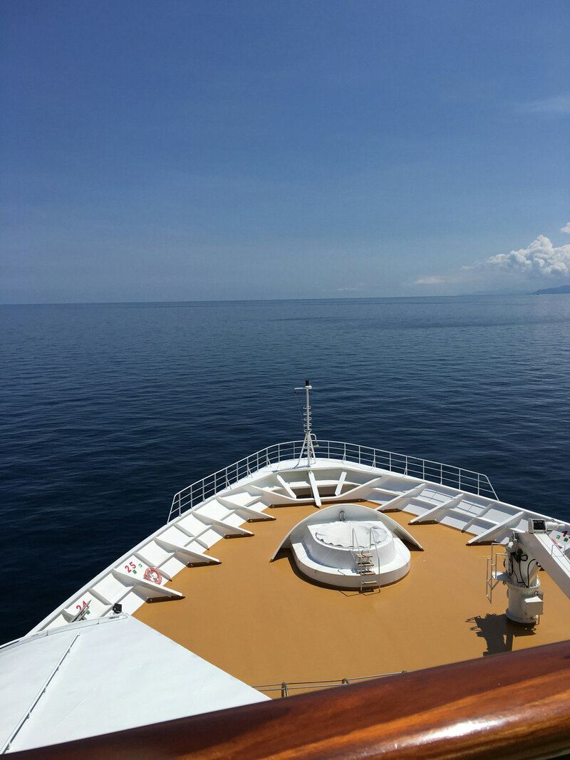 View from the bow of a ship looking out to a calm, expansive ocean under a clear, blue sky