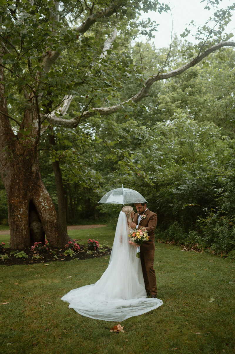Bride and groom about to kiss under their clear umbrella