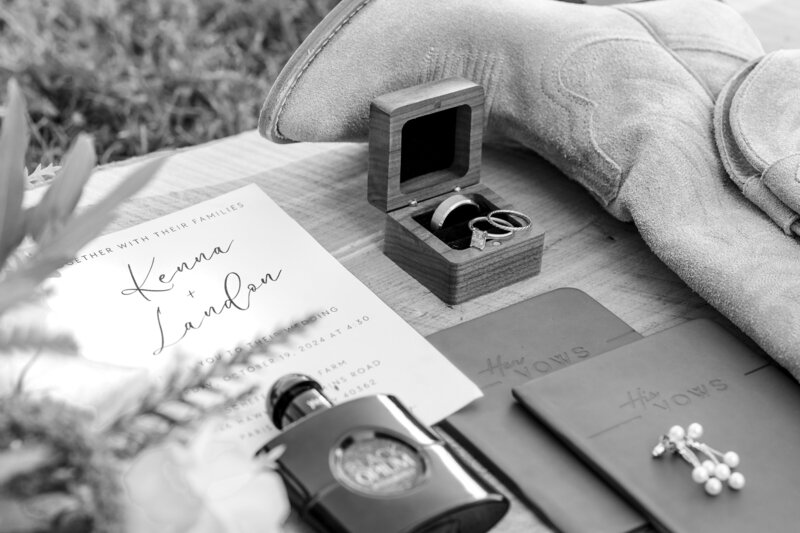 Close-up of the bride and groom's wedding details, including wedding rings, cologne, and other personal accessories, captured to highlight the meaningful touches of their special day.