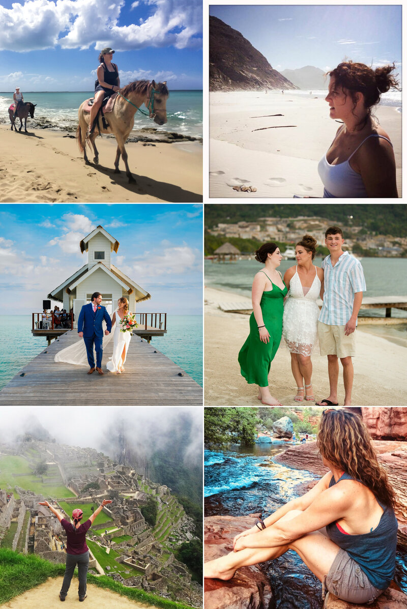 a six image collage of South Shore, MA Portrait Photographer, Stefanie riding a horse by the ocean, standing on a beach in Cape Town, Getting married in Jamaica, Stefanie and her two adult children standing on a beach, Stefanie standing with hands in the air facing Machu Picchu, Stefanie sitting by a river at Slide Rock in Arizona
