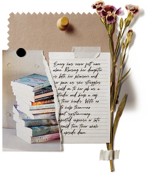 collage of suede parchments, a torn picture of romance novels and a hand written letter