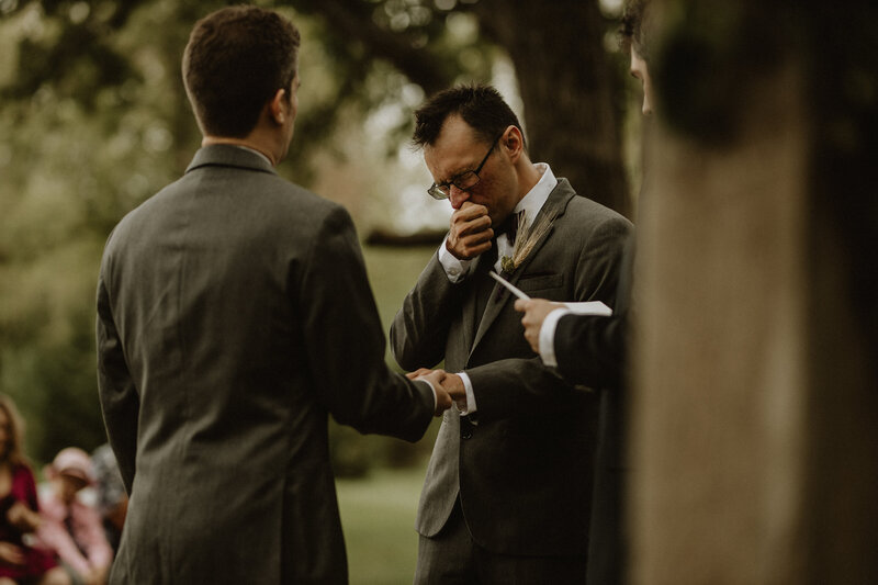 Couple after their first look on their wedding day in a garden venue