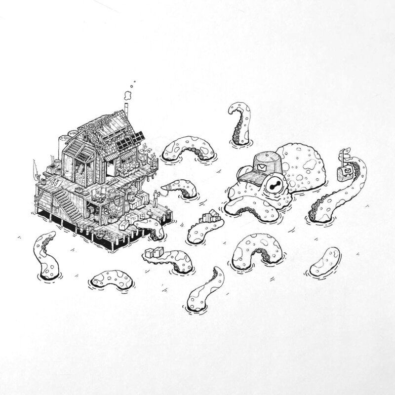 Isometric Pen and Ink illustration of a giant octopus that delivers the mail to a small house on stilts above the water.