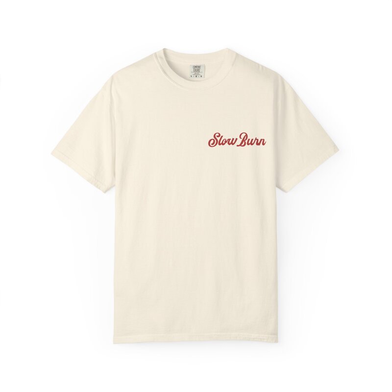 A cream and red graphic t-shirt that says slow burn.