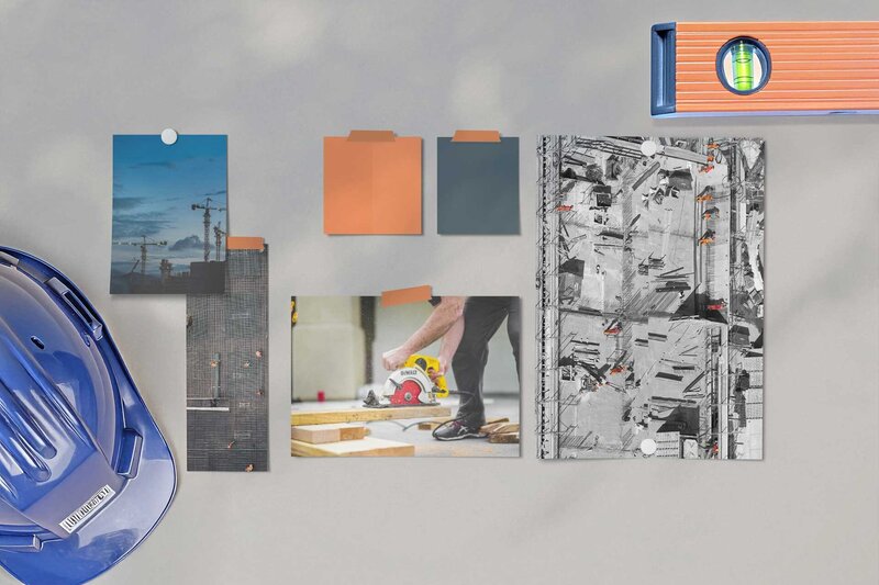 A moodboard for a construction company including colors of orange and dark grey, photos of construction sites and tools.