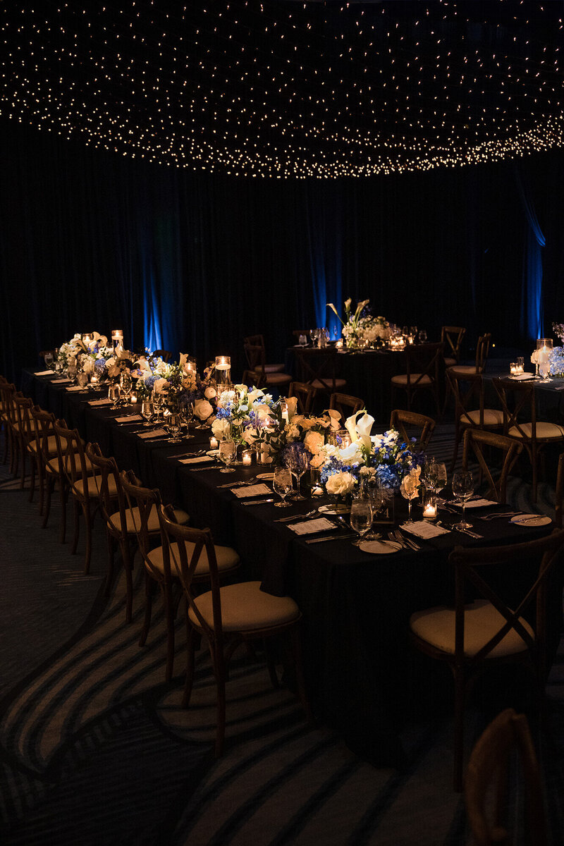Elegant reception table with floral decor at Hotel del Coronado, designed by Thater Made, a luxury wedding and event producer in San Diego, CA.