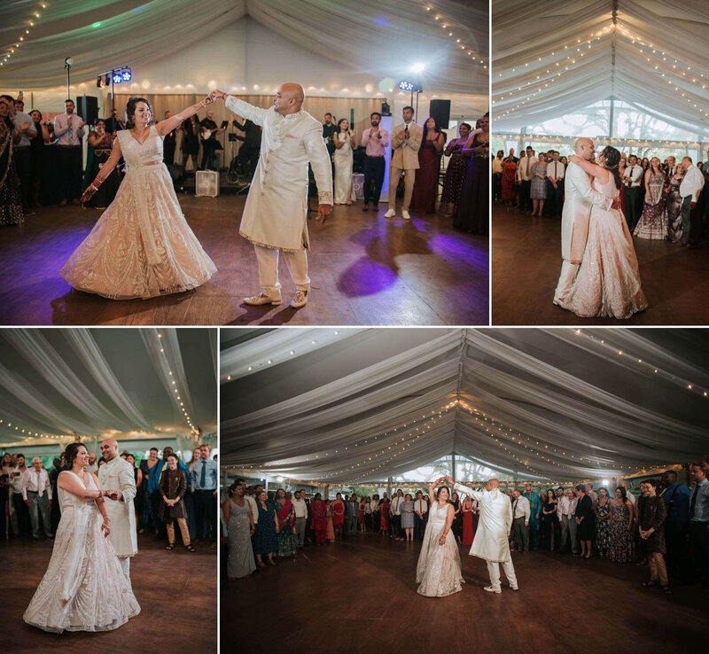 Bride and groom sharing a dance on the dacne floor at  Bartram's Garden in Philadelphia.